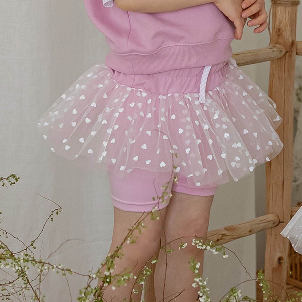 鬆緊腰心動網紗裙裝飾短內搭褲-粉