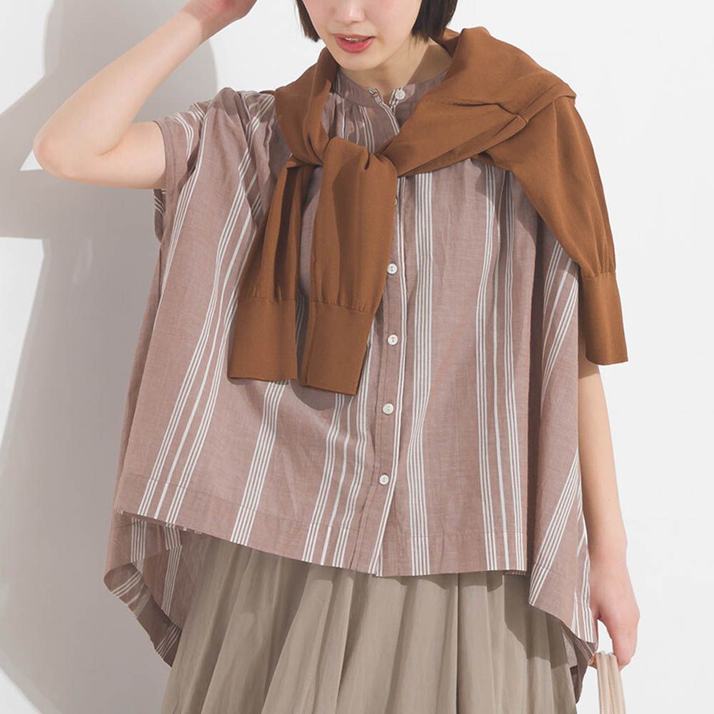 100%印度棉 輕盈寬版襯衫式上衣-條紋-棕