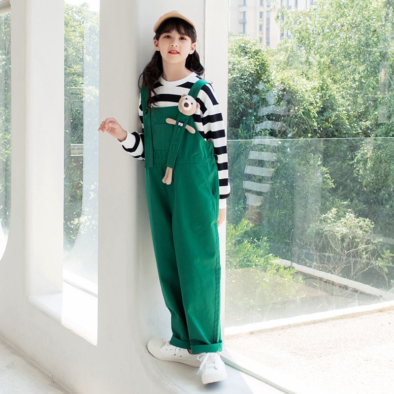 休閒牛仔寬鬆吊帶褲-小熊-綠色