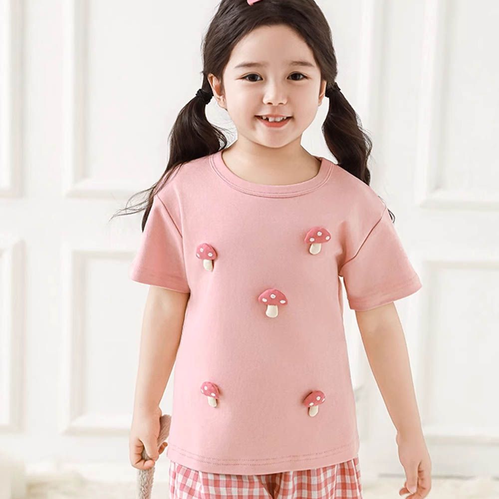 純棉透氣短袖上衣-立體蘑菇-粉色