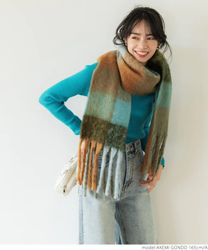 日本 COCA - 毛海大流蘇格紋圍巾/披肩-杏黃