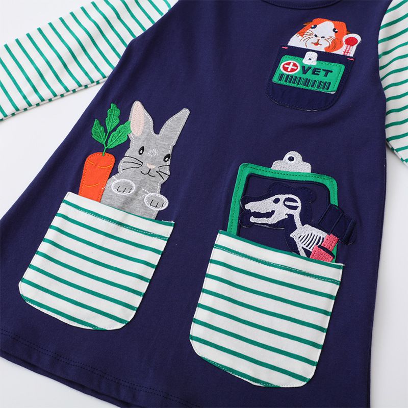 Jumping meters - 棉質圓領長袖連身洋裝-動物診療室-深藍+綠