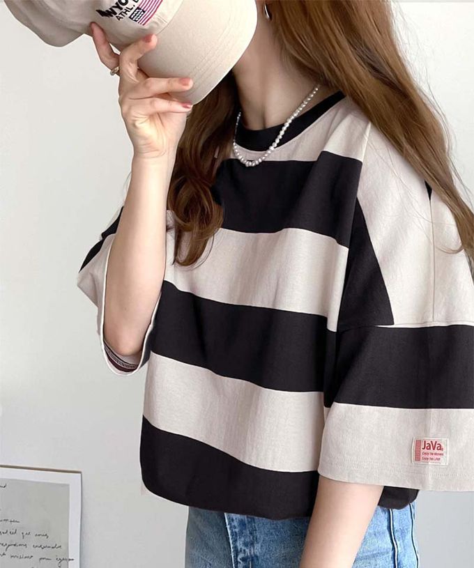 日本 Classical Elf - Java 純棉寬條紋落肩五分袖上衣-白x灰