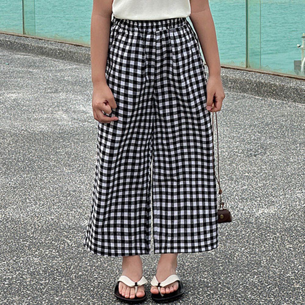 文藝森林系純棉直筒褲-黑白格子