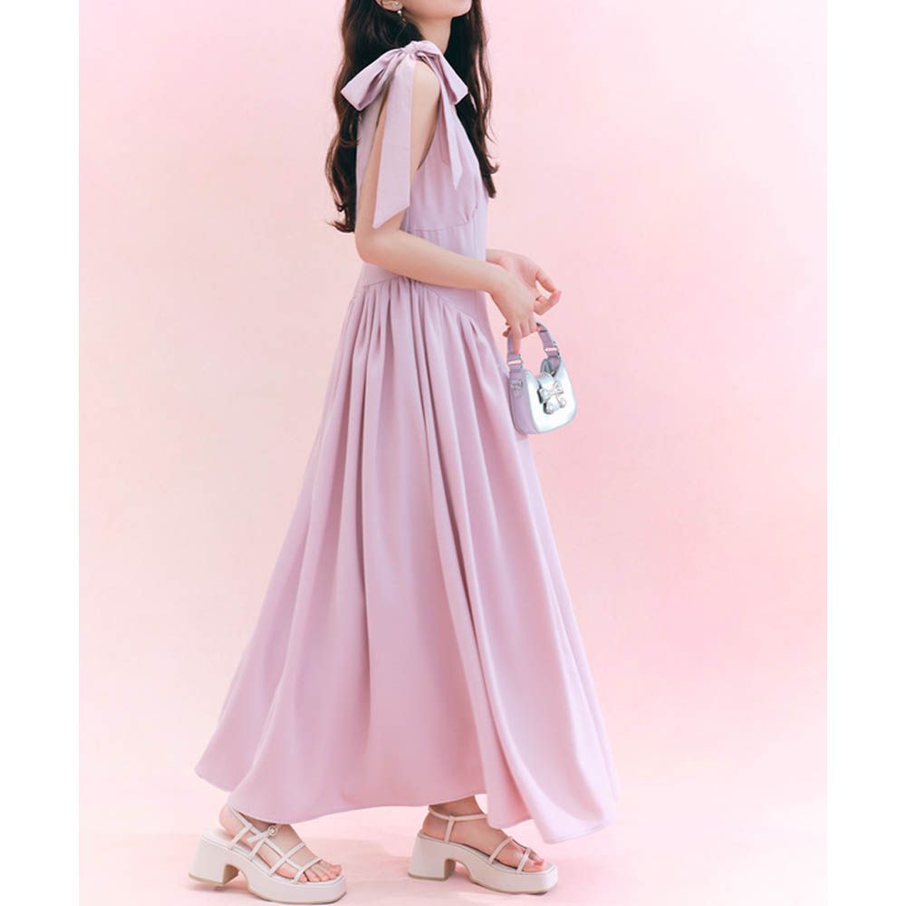 華麗肩蝴蝶結顯瘦腰無袖洋裝-粉紅