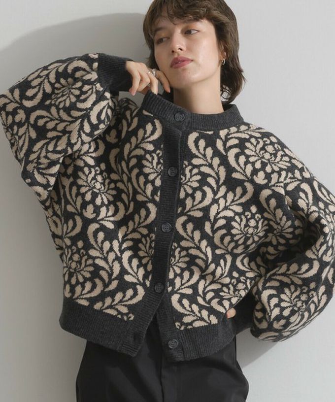 日本 Lupilien - 盛開花卉針織寬袖開襟衫/外套-炭灰