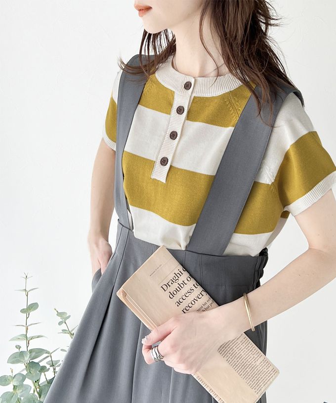 日本 Classical Elf - 定番條紋2way亨利領短袖上衣-摩卡