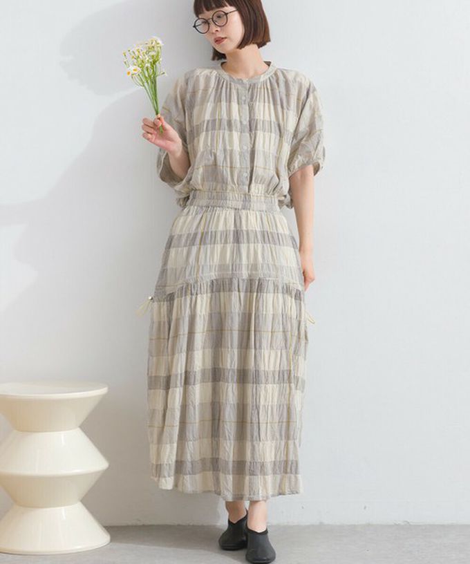 日本 Lupilien - 印度棉 皺皺文青格紋側抽繩長裙-黑灰