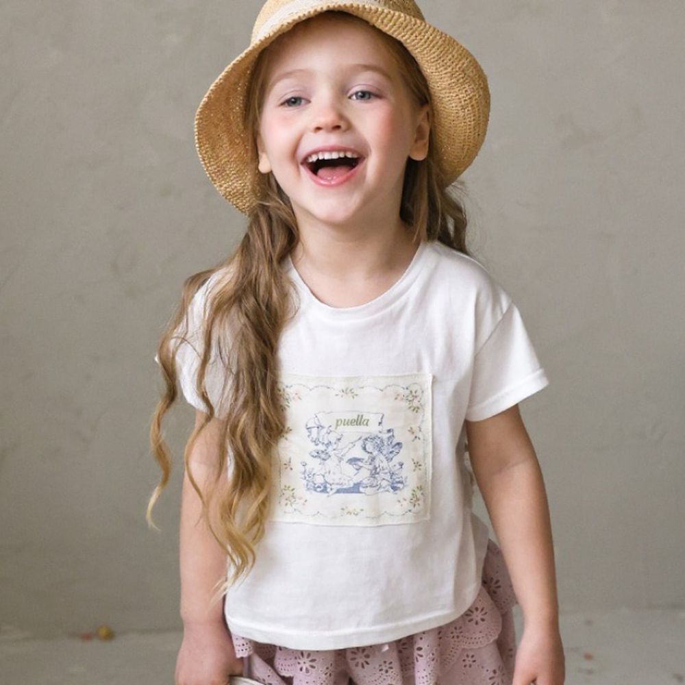 Puellaflo 天使圖案布貼純棉短袖上衣-白