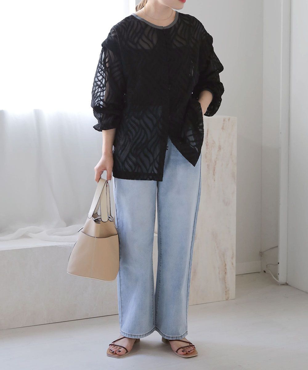 日本 Bab - 波浪紋透感排釦襯衫-米杏