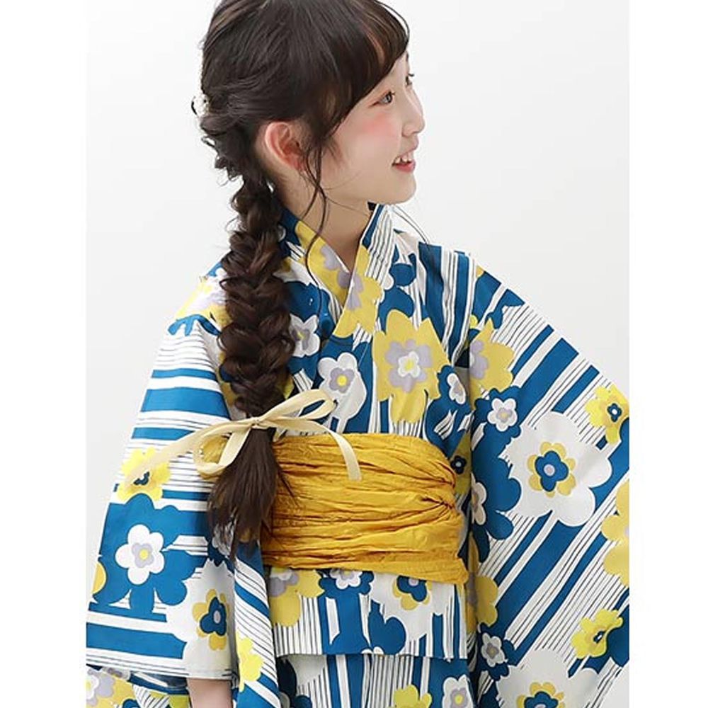 日本devirock 純棉夏日祭典花朵浴衣兵兒帶2件組-繁盛花朵-灰藍x黃｜媽咪愛