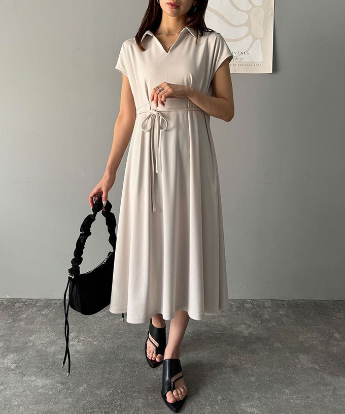 日本 Classical Elf - 接觸冷感 優美V領腰綁帶短袖洋裝-長版-象牙白