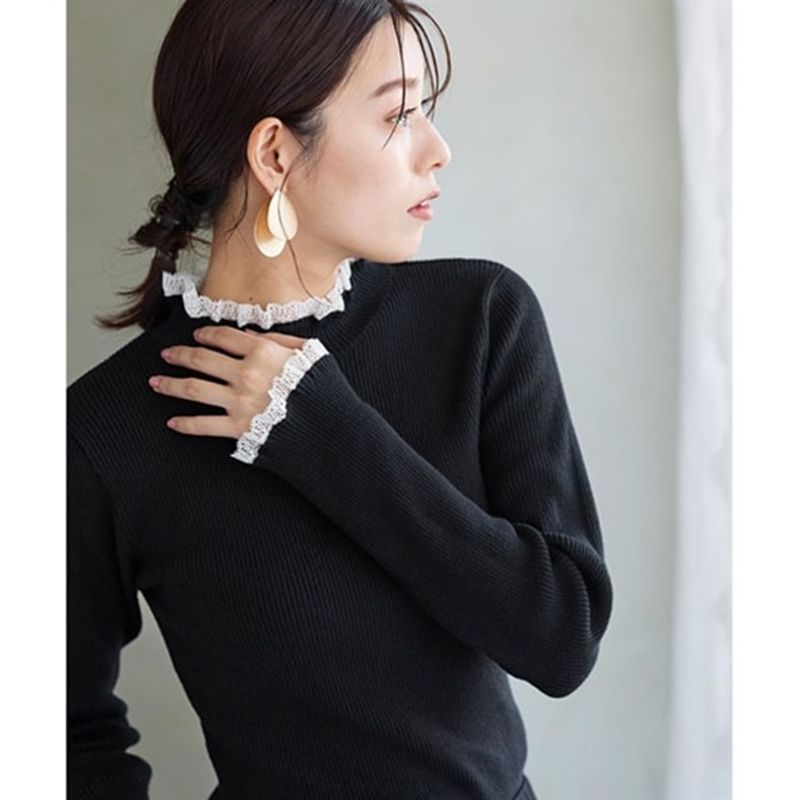 日本 BELLUNA - 氣質蕾絲拼接羅紋針織上衣-條紋x白