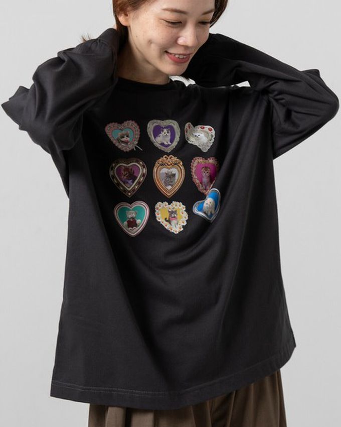 日本 gleam - 可愛貓咪相框寬版長袖T恤-白