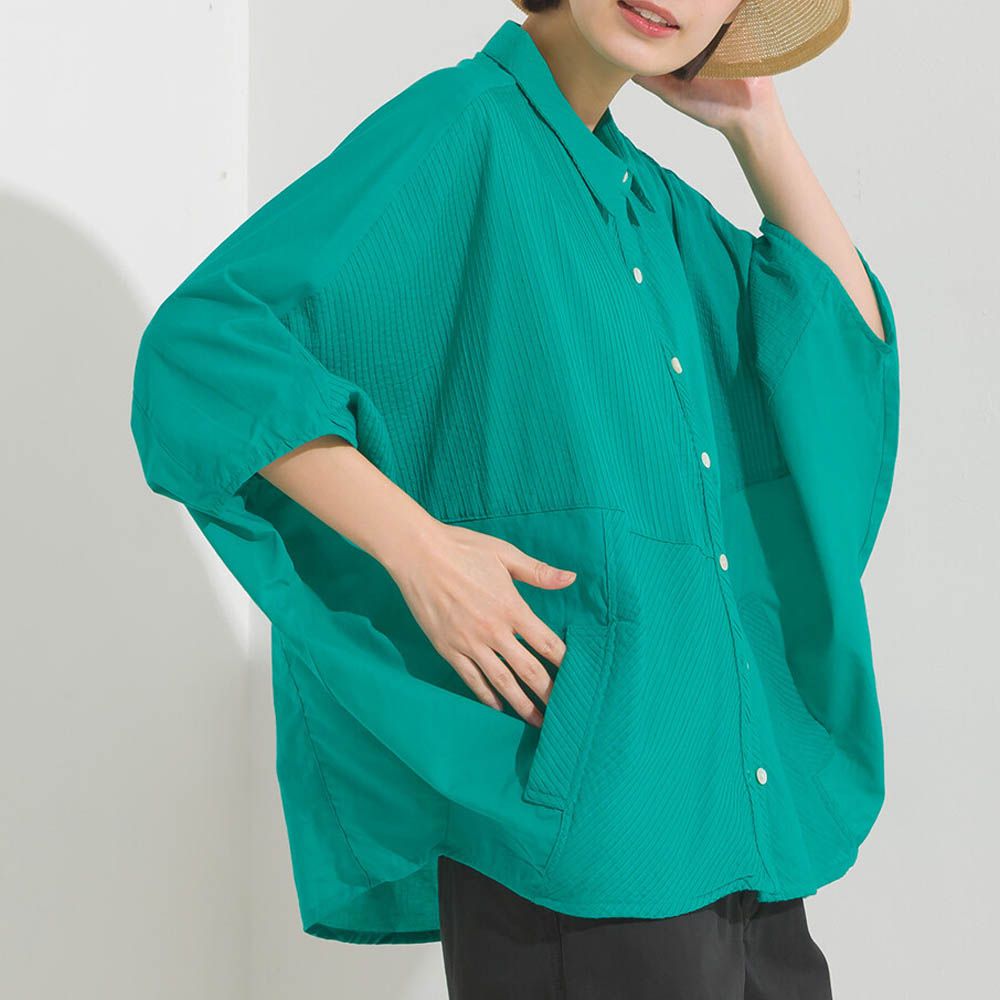 100%印度棉 柔軟透氣寬袖襯衫(附口袋)-草綠