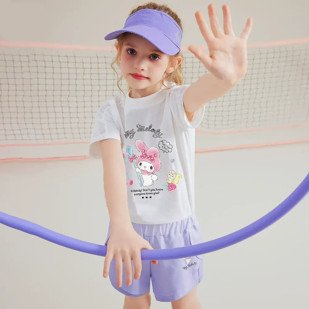 透氣網眼短袖上衣+造型短褲套裝-卡通人物美樂蒂-紫色