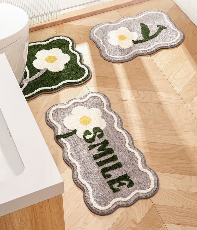 快速吸水植絨洗手台腳踏墊-SMILE奶油花花-灰色 (40x80cm)