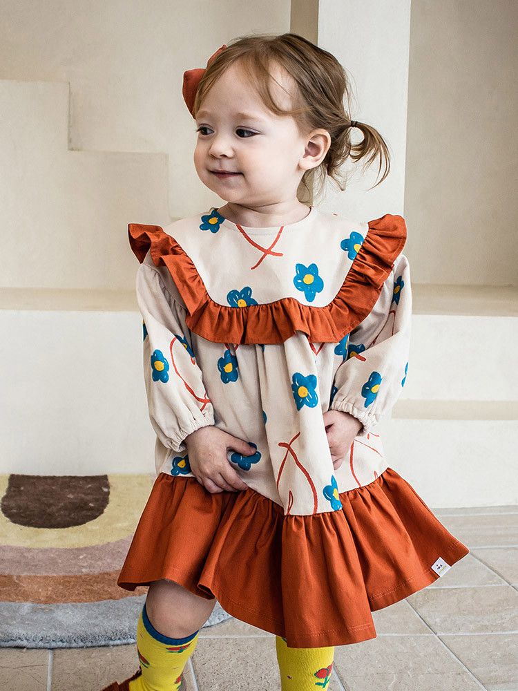 韓國Pimpollo - 微笑花朵荷葉邊洋裝-橘