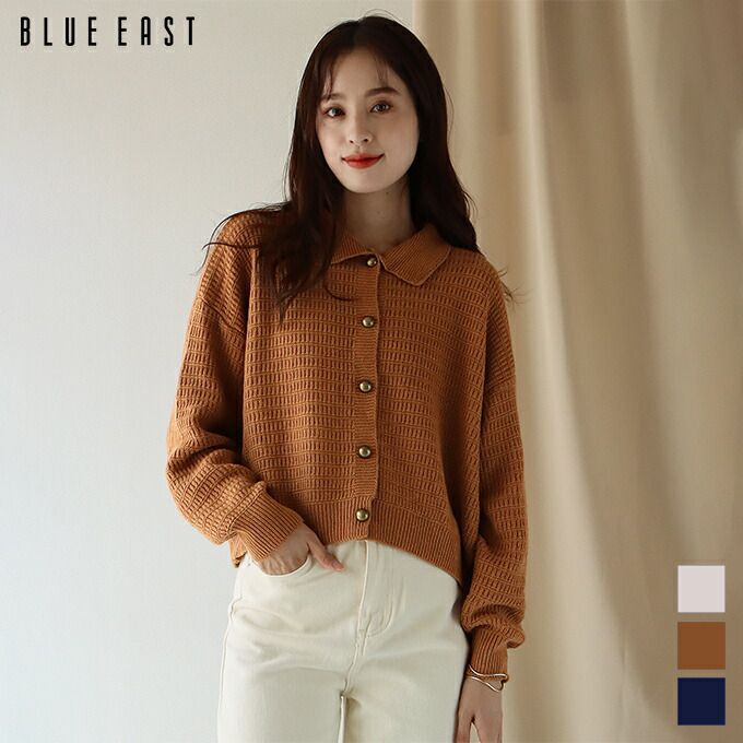 日本 BLUE EAST - 優雅金釦柔軟翻領針織上衣-白