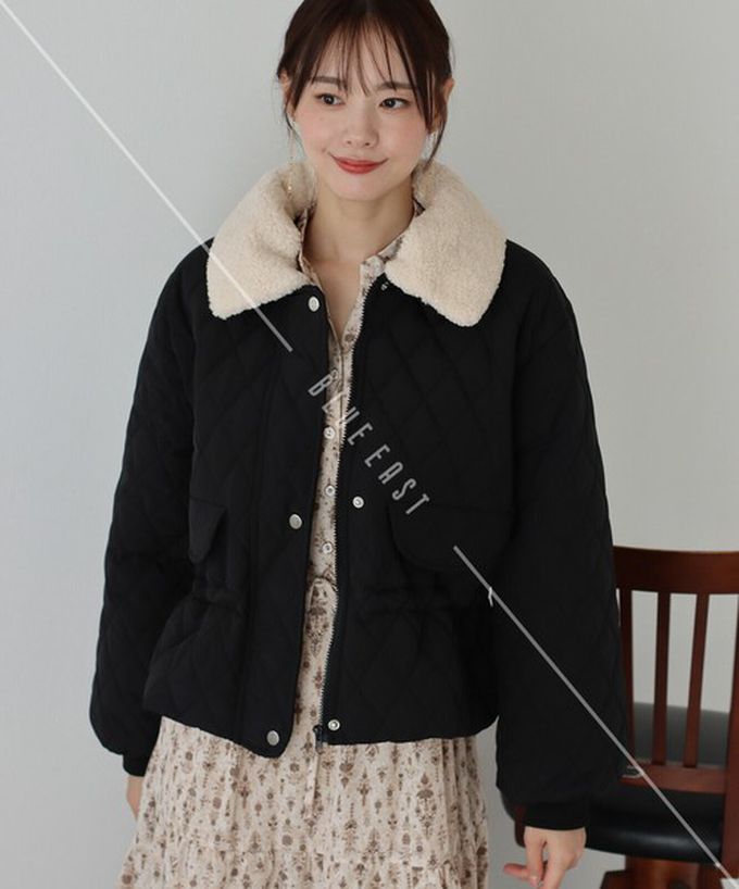 日本 BLUE EAST - 俐落翻領絎縫束腰短版外套-(毛絨領可拆)-象牙白