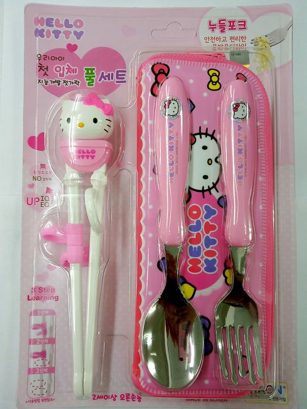 韓國 Raon - 學習餐具三件組-Kitty-附收納袋