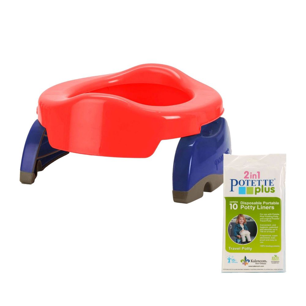 美國 Potette Plus - 可攜式馬桶-紅色+拋棄式防漏袋10入裝)
