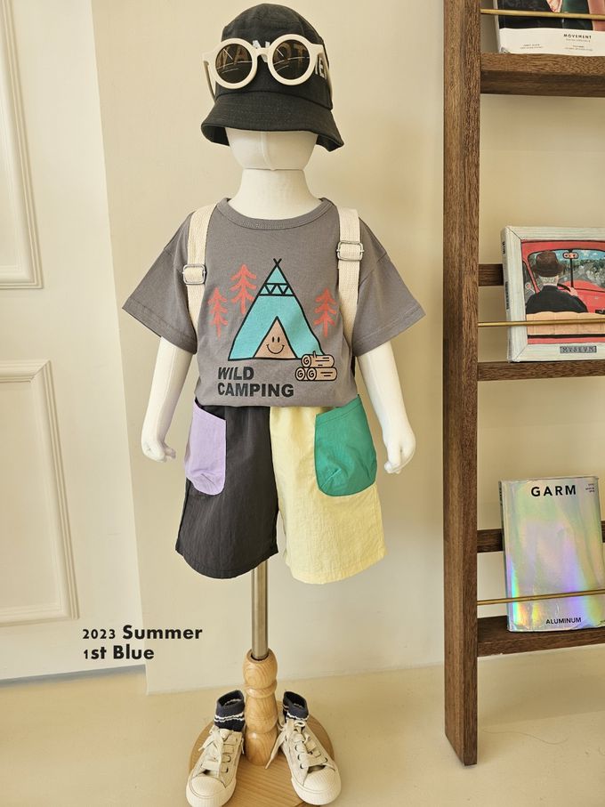 韓國 First Blue - 露營系列印短袖上衣-帳篷-灰