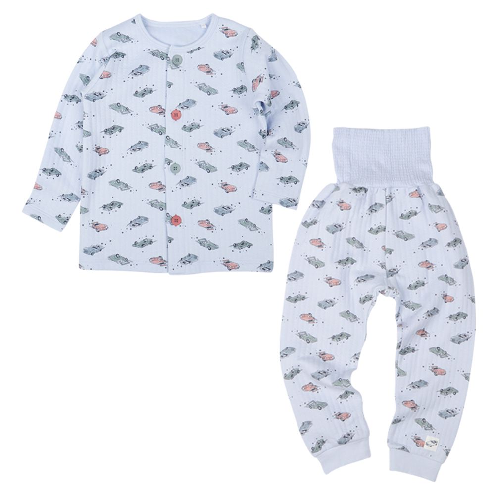 長袖家居服 前開式-穿衣練習 汽車-藍色