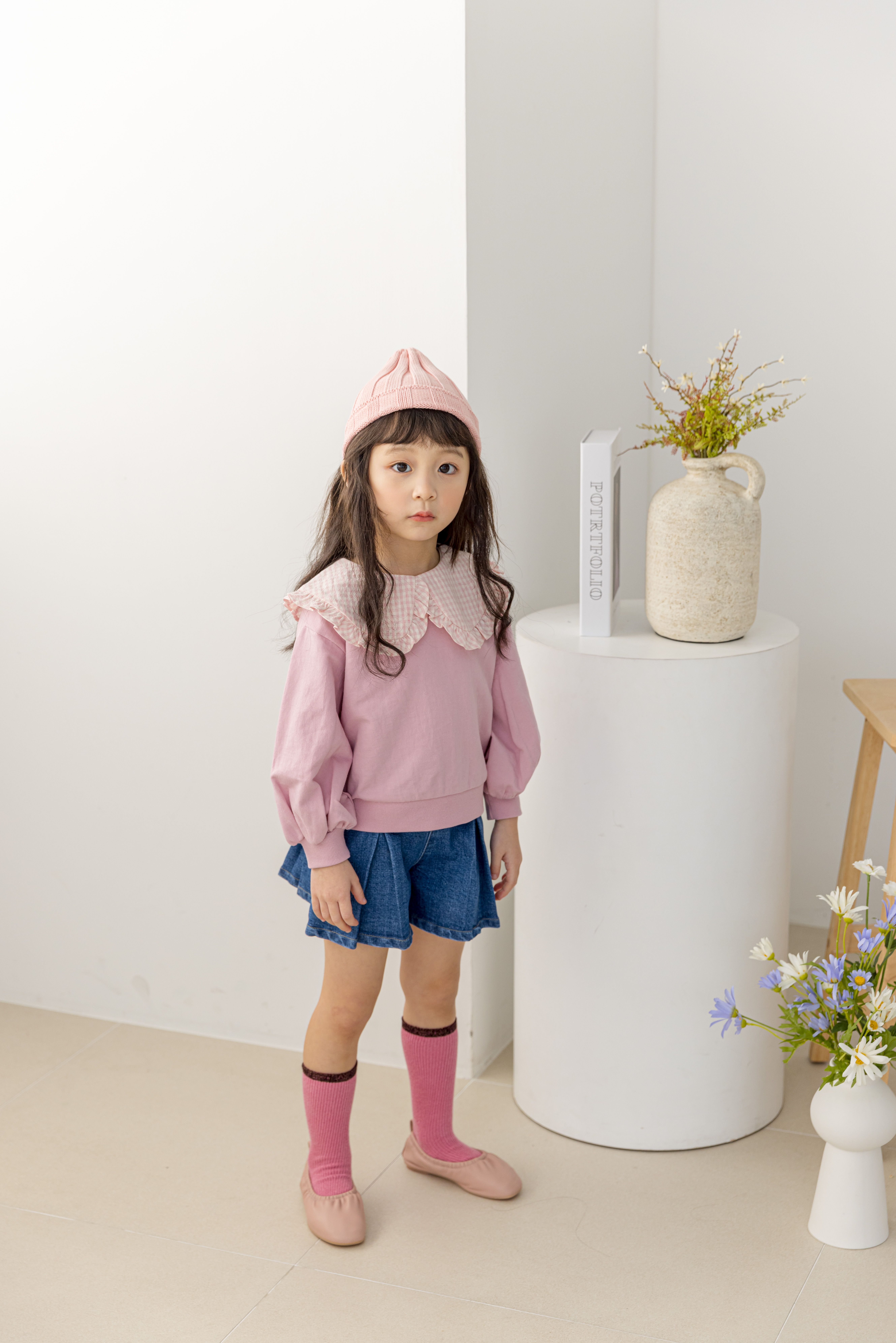 韓國 Orange Mom - 荷葉滾邊格子領泡泡袖上衣-粉紅