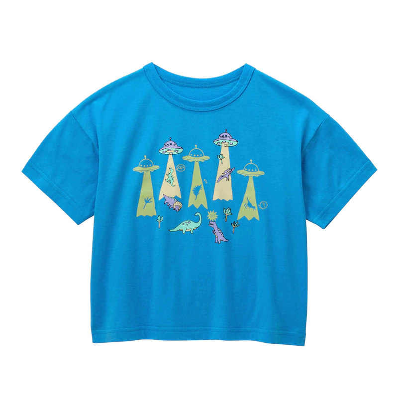 日本千趣會 - GITA 天竺棉短T(蓄光變色)-外星UFO與恐龍-水藍