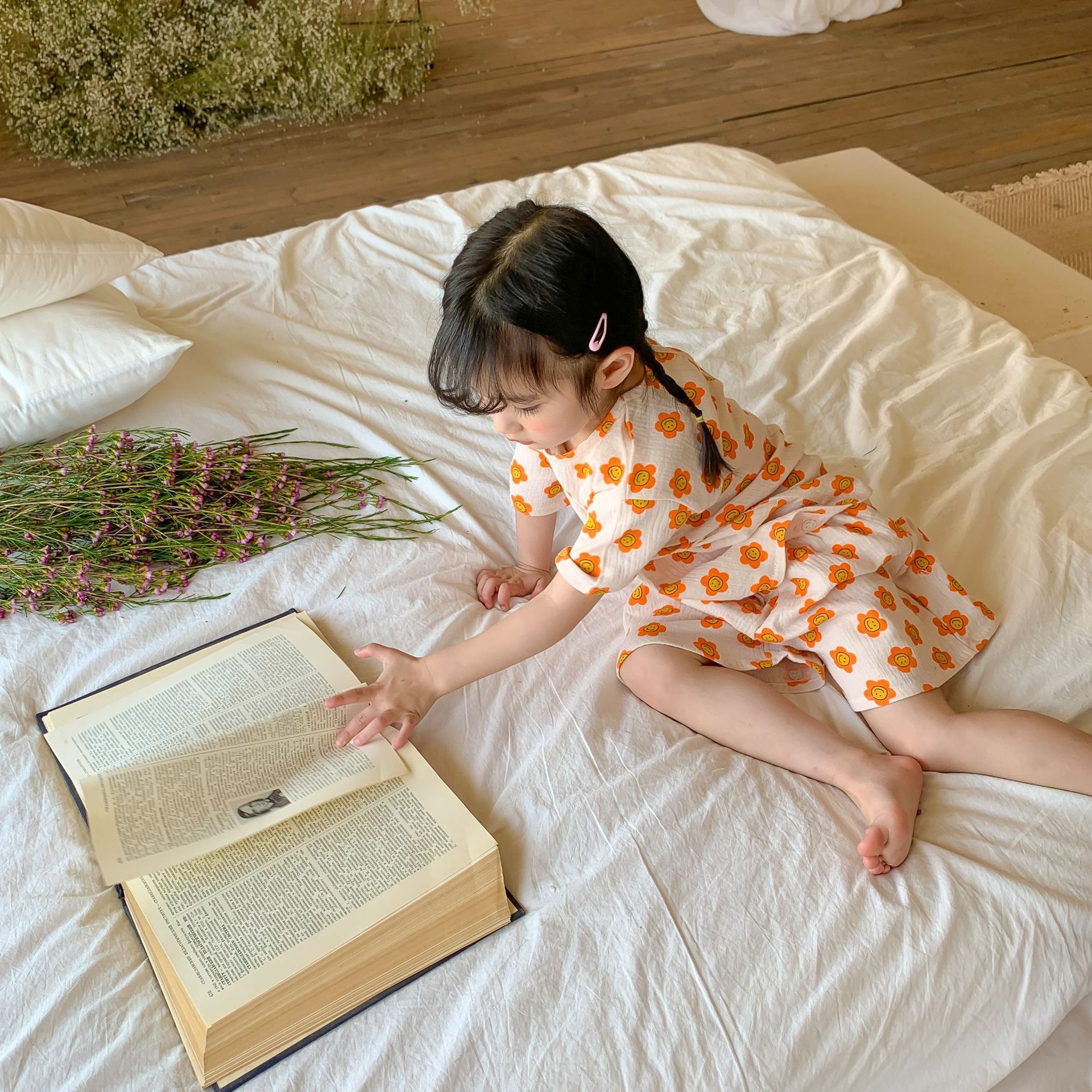 紗布棉短袖家居服套裝-小碎花-奶油色