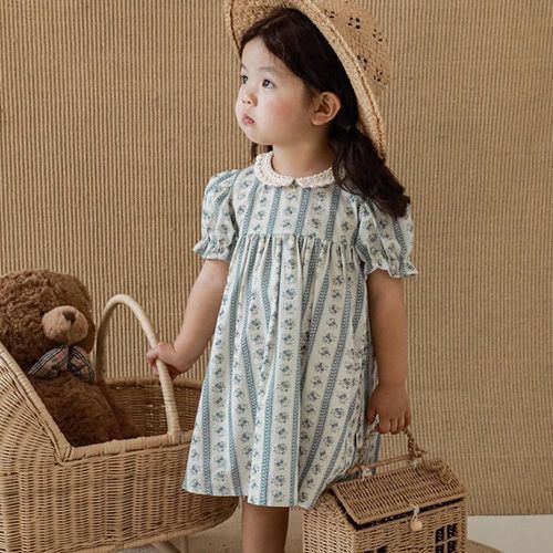 TONGMO - 純棉鉤花針織娃娃領洋裝-藍灰色