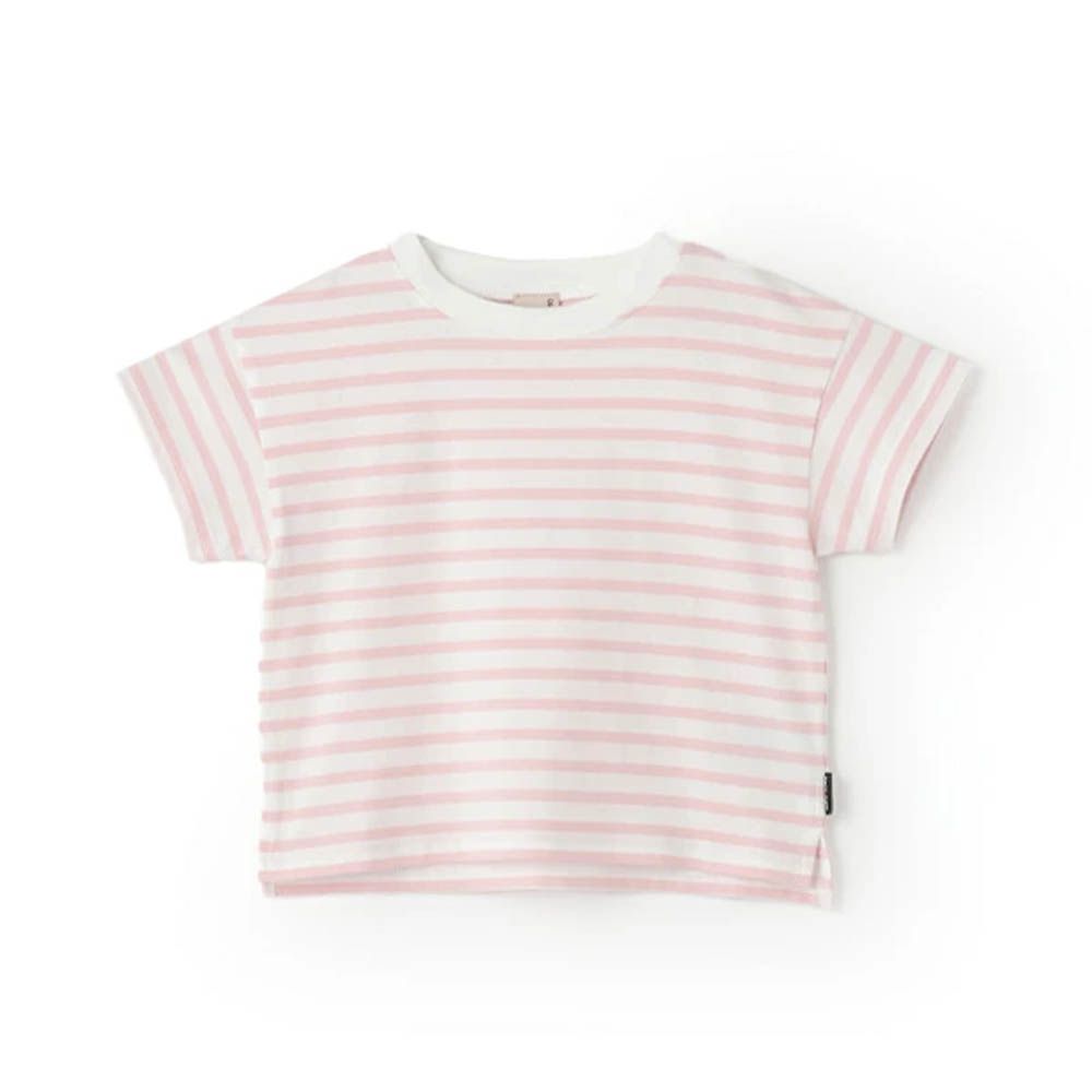 [低價]接觸冷感 條紋短袖上衣-粉紅x白