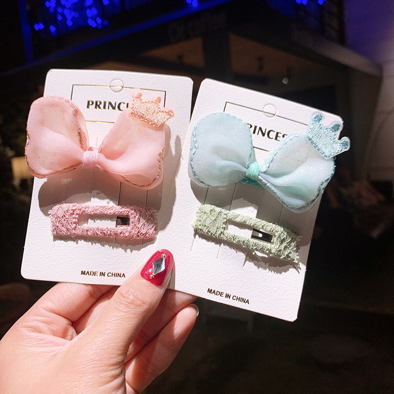 蕾絲皇冠布藝兒童髮夾2入組-黃色