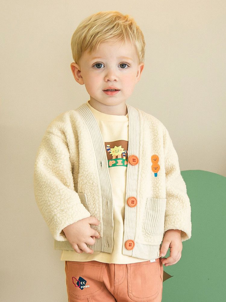 韓國Pimpollo - 小圓臉V領排釦保暖外套-米色