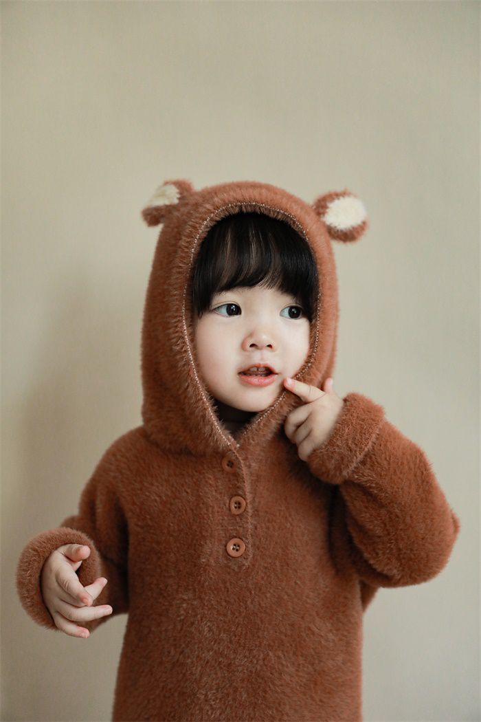 加厚連帽兒童造型上衣-熊耳朵-咖啡色