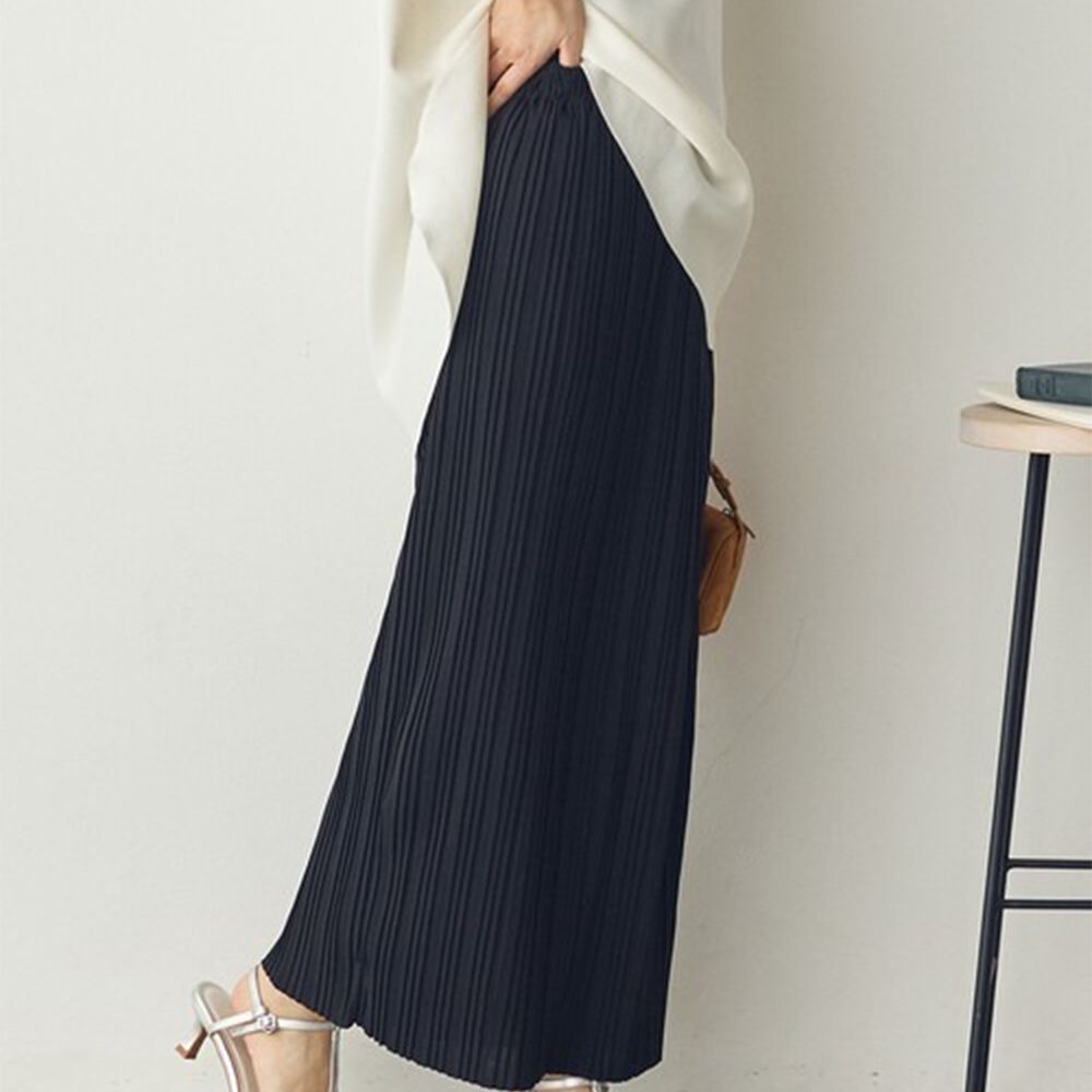 細摺搖曳優雅長裙(全腰鬆緊)-黑 (M)