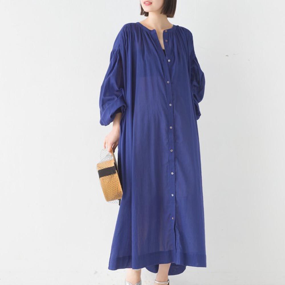 日本 OMNES - 100%印度棉 輕盈長袖開襟洋裝-寶藍