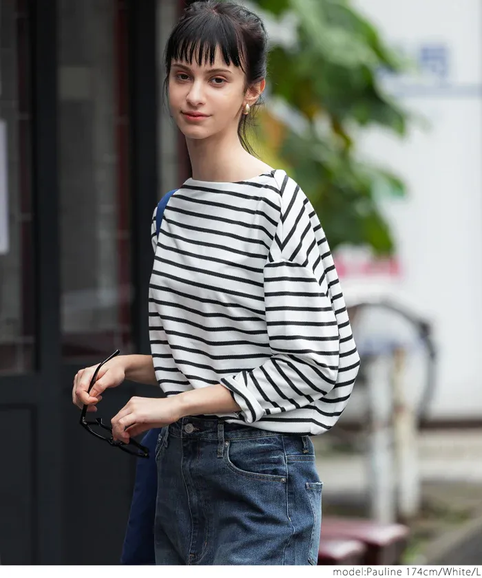 日本 COCA - [熱銷推薦] 百搭船領薄長袖上衣-條紋-灰x白