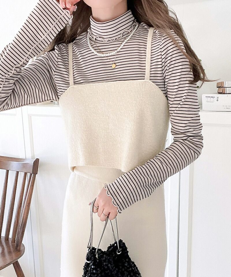 日本 Classical Elf - 二件式針織修身長版上衣+細肩背心-可可卡其