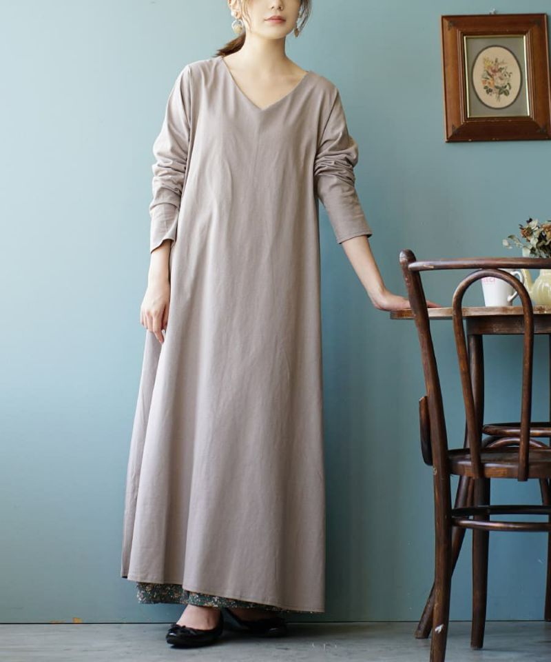 日本 zootie - 抗透汗 純棉修身長袖洋裝-V領-咖啡
