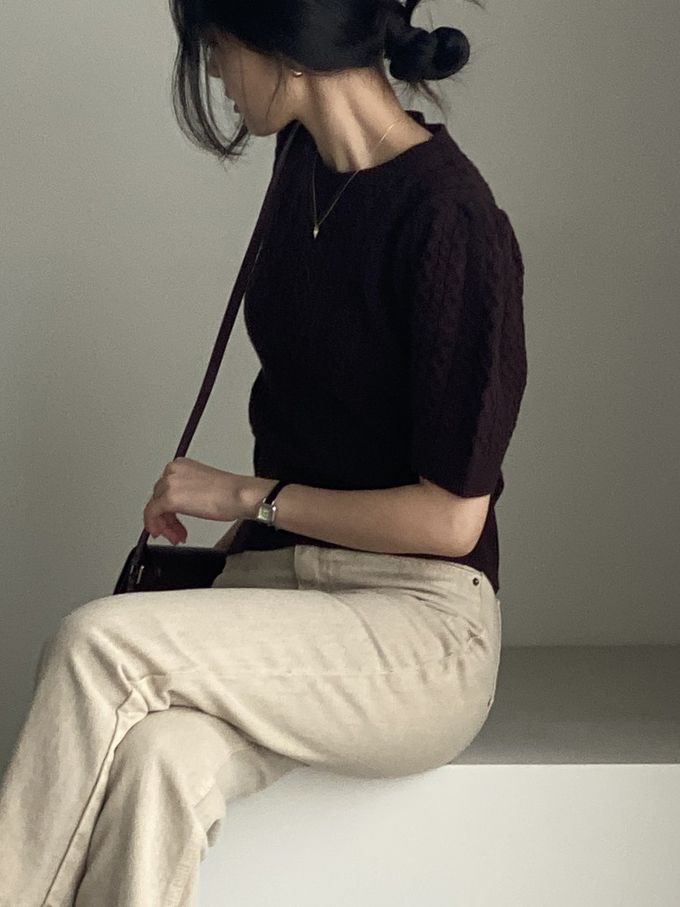 韓國女裝連線 - 麻花辮編織五分袖針織上衣-咖啡紅 (FREE)