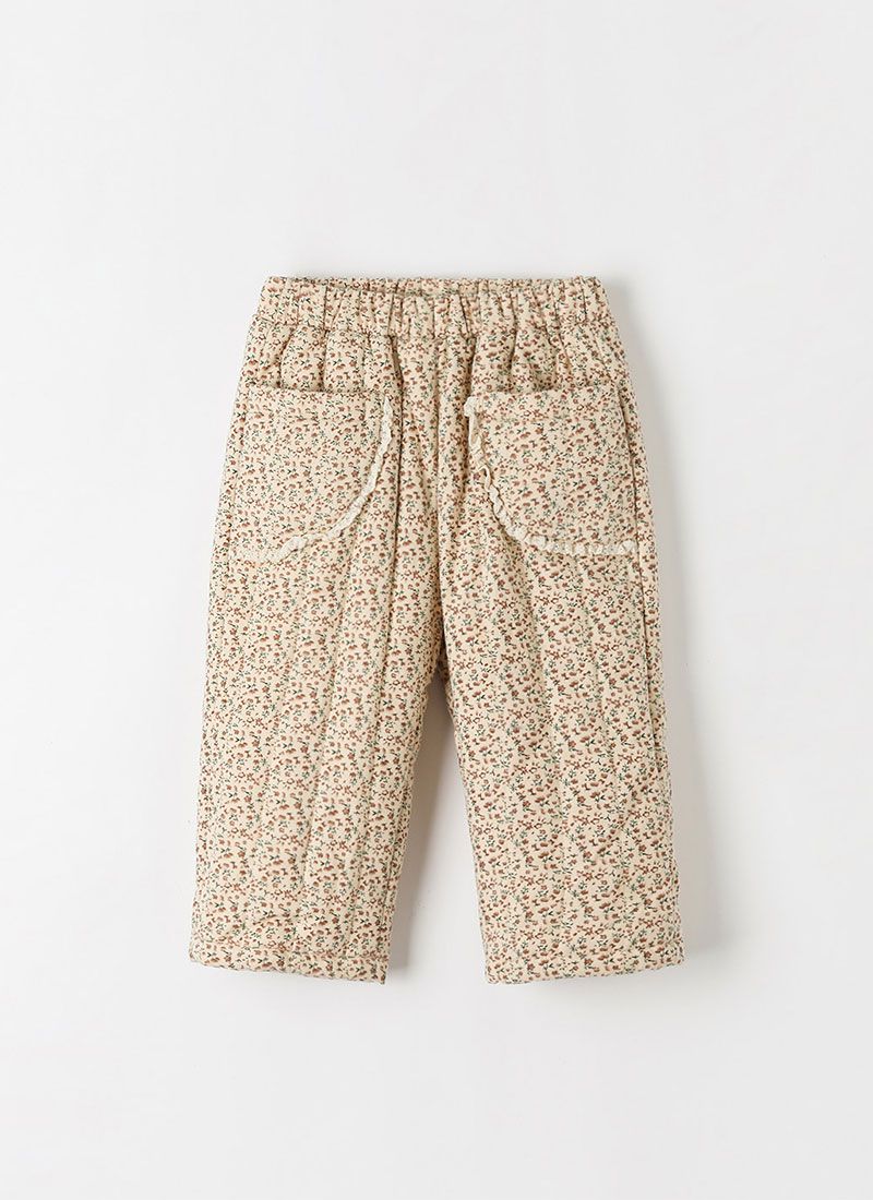 韓國 OZKIZ - 冬季田園小花內磨毛鋪棉長褲-卡其