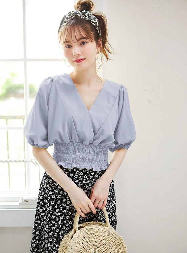 日本 GRL - V領五分袖縮腰上衣-磚橘紅