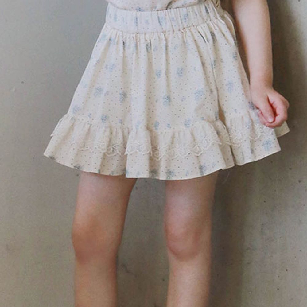 韓國 PuellaFLO - 蕾絲裝飾點點花朵褲裙-淺藍花