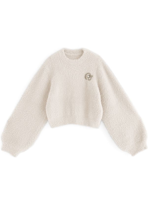 日本 GRL - 浪漫感毛海針織上衣(附珍珠胸針)-藍 (F)