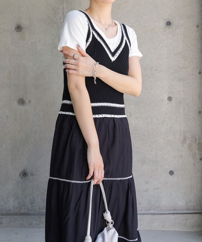 日本 Bab - 純棉針織拼接渡假風無袖洋裝-經典黑