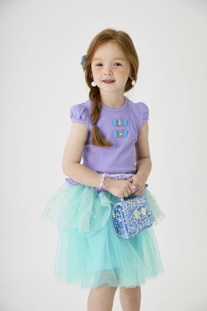 韓國 OZKIZ - (附配飾)海洋公主網紗裝飾短袖套裝-紫X湖綠