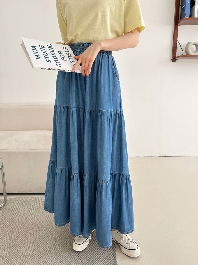 韓國女裝連線 - 鬆緊腰薄丹寧蛋糕長寬褲-中青 (FREE)