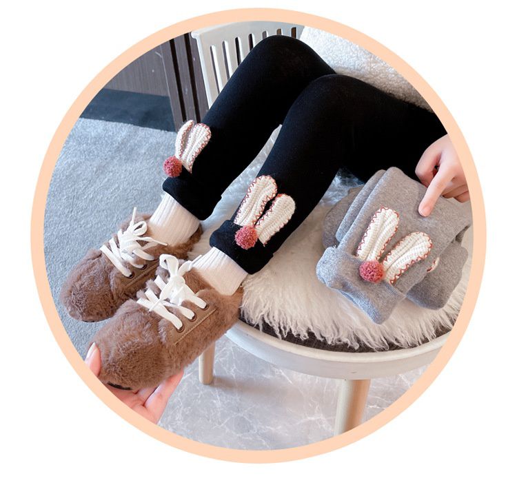 加絨彈力內搭長褲-兔兔耳朵-黑色